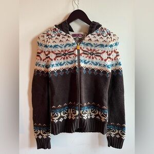 Aritzia Tna Vintage Lambswool Zip-up Hooded Sweater Brown Patterned